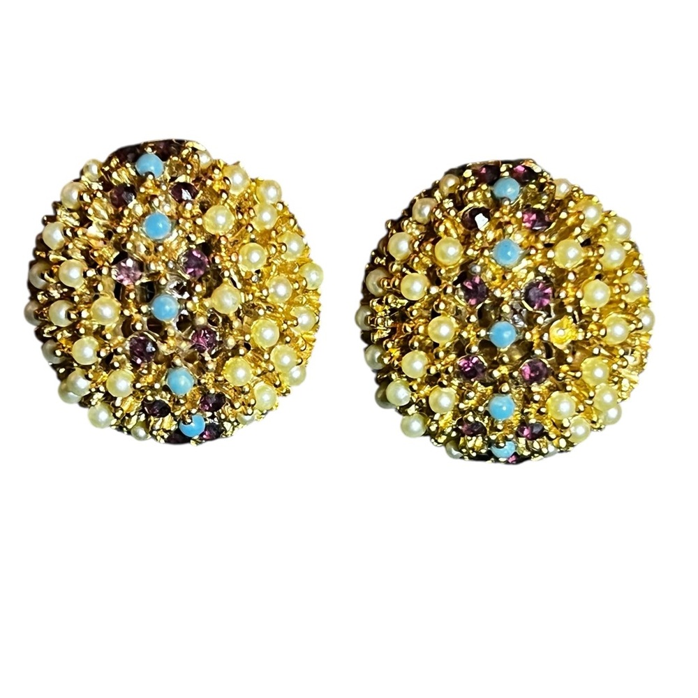 Vintage Gold Tone Seed Pearl Faux Ruby Turquoise Clip On Button Earrings *read